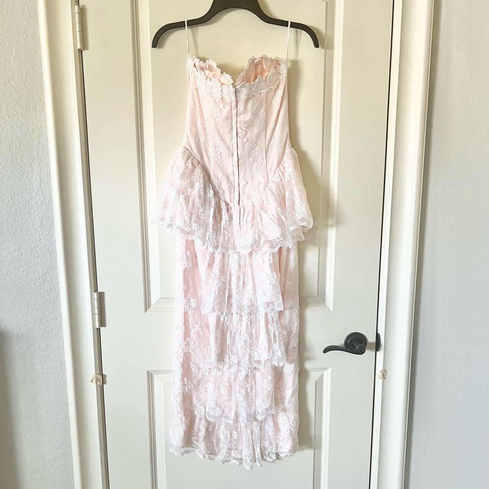 Vtg Jessica McClintock Pink Floral Lace Midi Dress 6 Peplum Ruffle Train 80s - Picture 6 of 10
